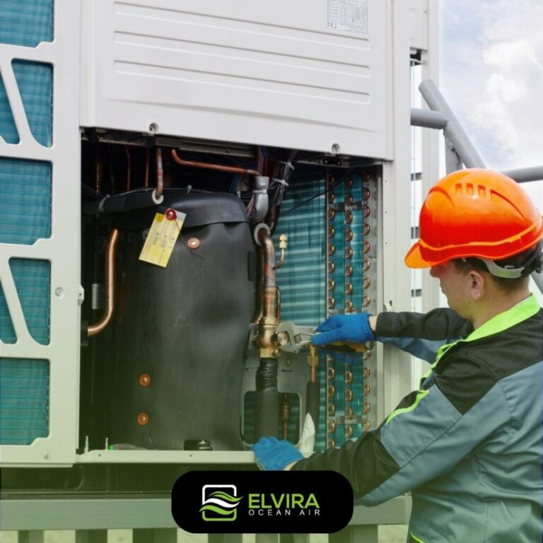 Technician servicing an outdoor HVAC unit