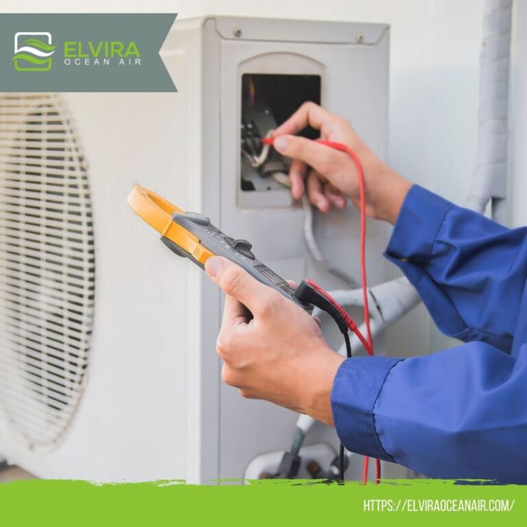 Technician testing an outdoor AC unit with a multimeter