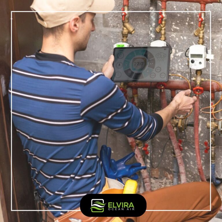Technician checking heating pipes and controls